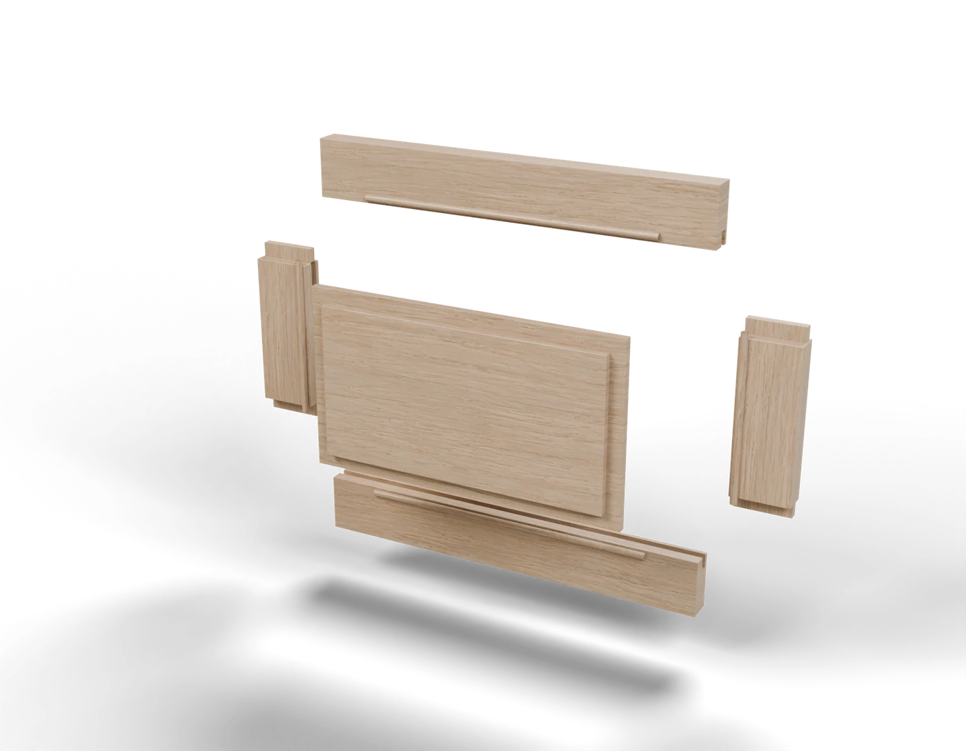Exploded frame-and-panel study showing two rails, two stiles and the floating center panel